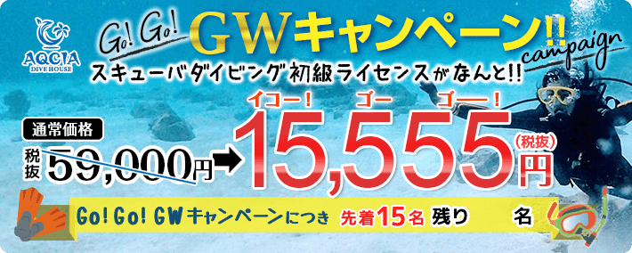 GWキャンペーン スキューバダイビング初級ライセンスが 15,555円(税抜) 先着15名様