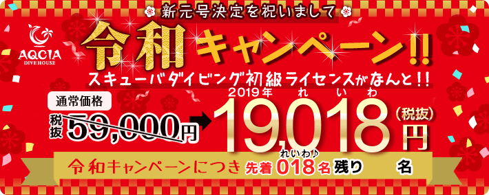 新元号決定祝い令和キャンペーン!スキューバ―ダイビング初級ライセンスが19,018(2019年れいわ)円!