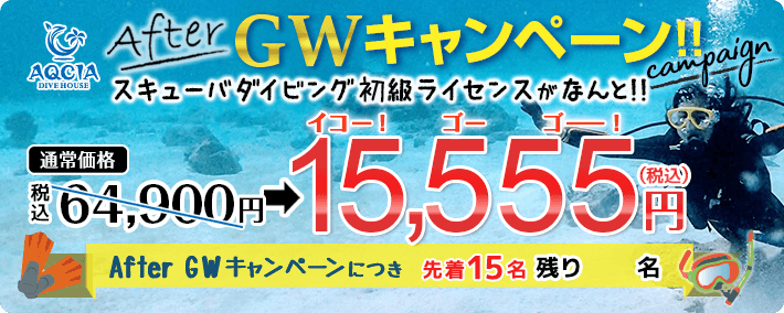 AfterGWキャンペーン スキューバダイビング初級ライセンスが 15,555円(税込) 先着15名様