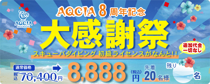 AQCIA8周年記念大感謝祭 スキューバダイビング初級ライセンスがなんと！！8,888円