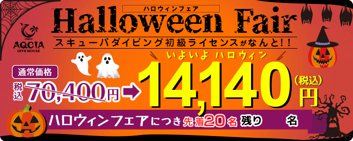 ハロウィンフェア！スキューバダイビングの初級ライセンスがなんと14,140円！先着20名
